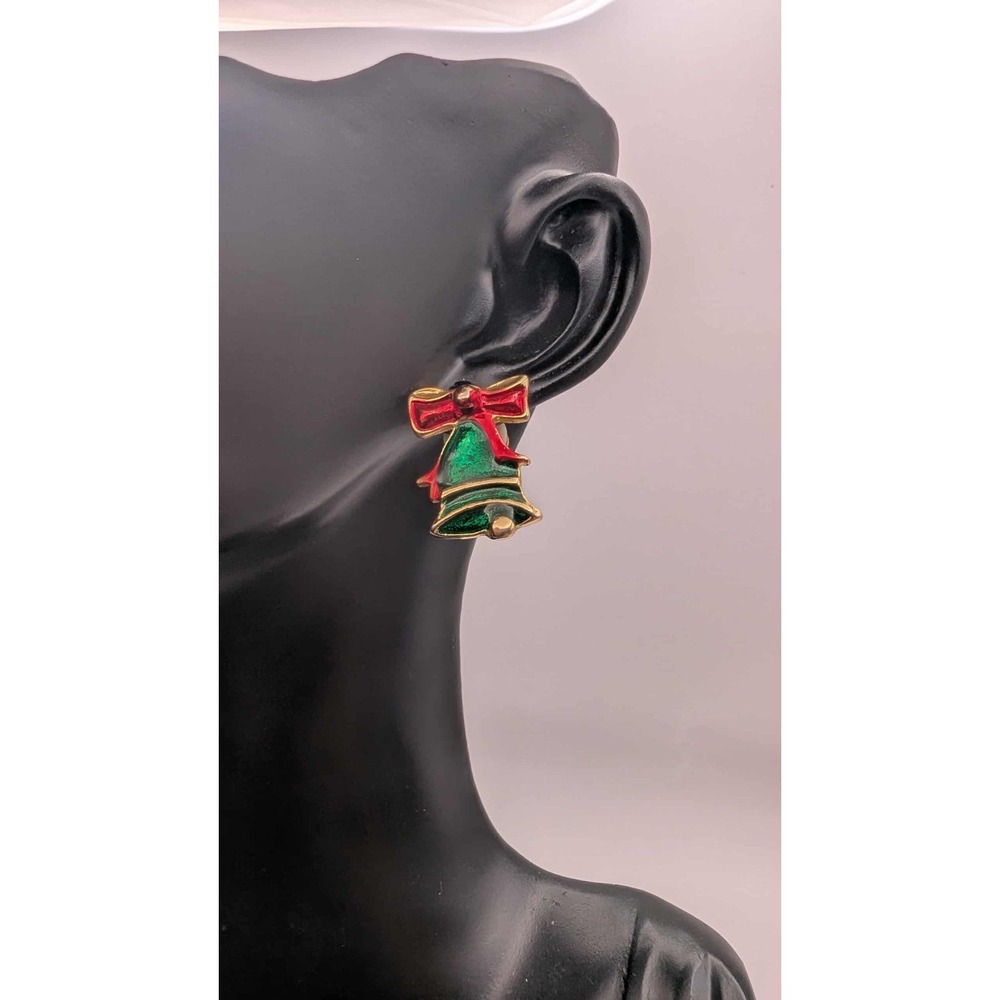 Vintage Green And Gold Christmas Bell Clip On Earrings‎